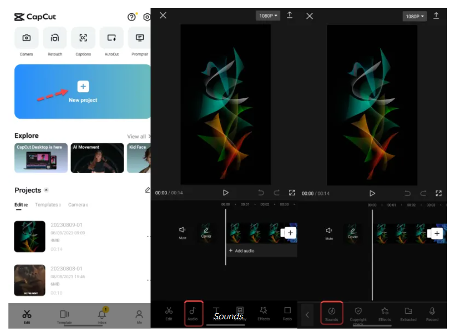 How to Extract Audio from a Video in CapCut on Android - click on audio and then sound option