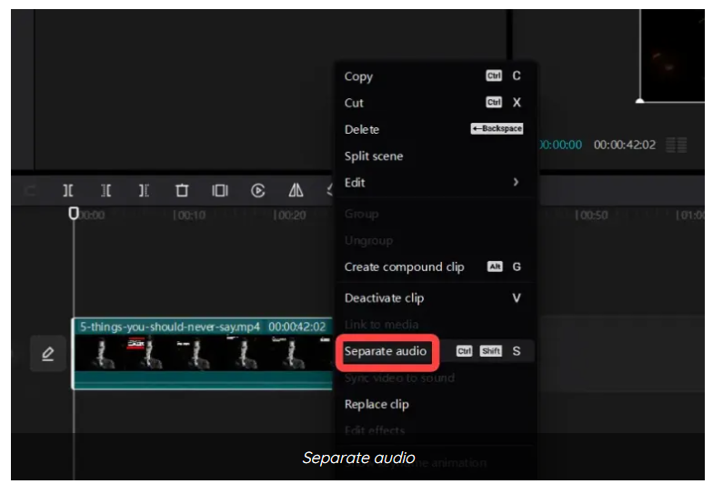 How to Split Sound from a Video on a PC with CapCut - click on the separate audio option