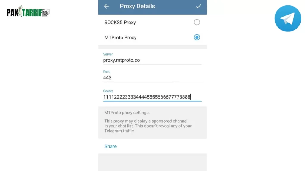 Add server, port and secret in MTProto proxy